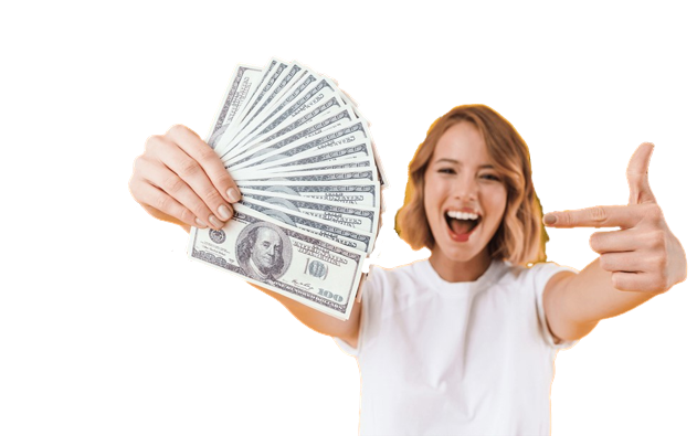 A woman holding up money in front of her face.