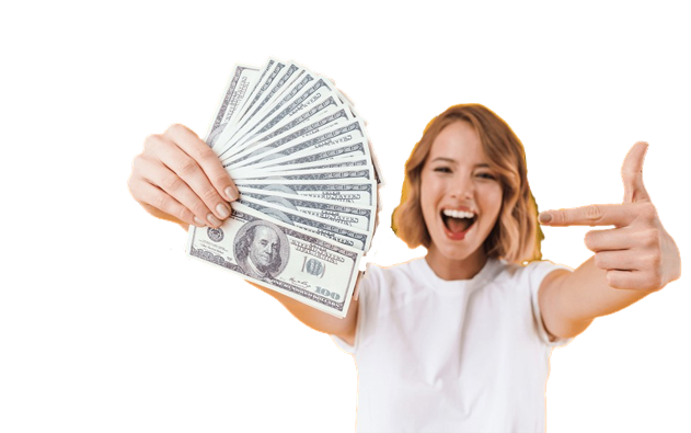 A woman holding up money in front of her face.