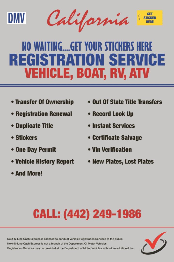 A poster advertising the registration service for vehicles.
